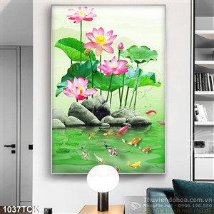 Tranh 3d đá cuội và hoa sen cá chép in uv Tranh 3d đá cuội và hoa sen cá chép in uv