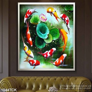 Tranh sơn dầu cá chép bơi quanh bông hoa sen Tranh sơn dầu cá chép bơi quanh bông hoa sen