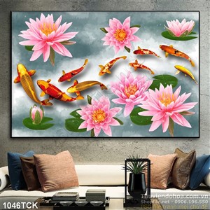 Tranh  hoa sen hồng và cá chép vàng 3d Tranh  hoa sen hồng và cá chép vàng 3d