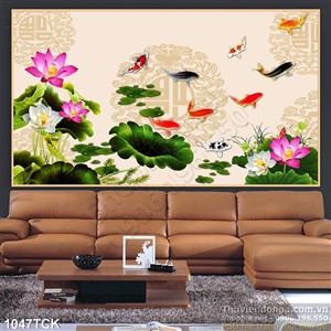 Tranh lá sen và cá chép bơi lội in uv wall decor Tranh lá sen và cá chép bơi lội in uv wall decor
