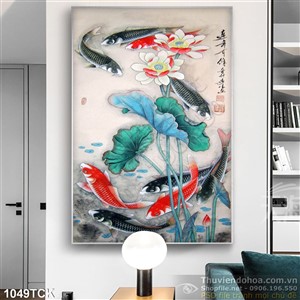 Tranh veẽ sơn dầu cá chép và hoa sen Tranh veẽ sơn dầu cá chép và hoa sen