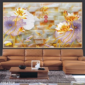 Tranh hoa sen mạ vàng nền giả ngọc đẹp 3d Tranh hoa sen mạ vàng nền giả ngọc đẹp 3d