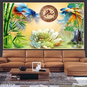 Tranh hoa sen giả ngọc và cá betta Tranh hoa sen giả ngọc và cá betta