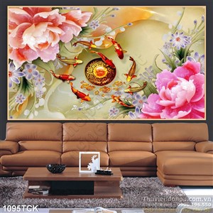 Tranh cá chép hoa mẫu đơn giả ngọc đẹp ấn tượng Tranh cá chép hoa mẫu đơn giả ngọc đẹp ấn tượng