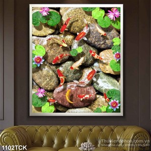 Tranh cá koi và  dòng suối đá đẹp in uv Tranh cá koi và  dòng suối đá đẹp in uv