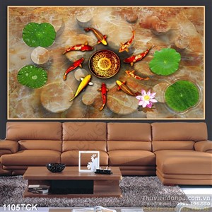 Tranh cá chép quần tụ và lá sen Tranh cá chép quần tụ và lá sen