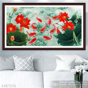 Tranh cá chép đỏ và hoa sen đỏ Tranh cá chép đỏ và hoa sen đỏ