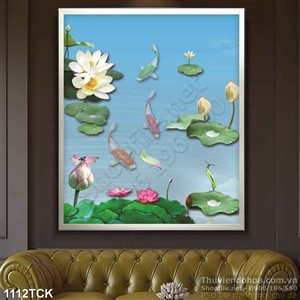 Tranh trường thợ hoa sen và cá chép Tranh trường thợ hoa sen và cá chép