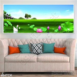 Tranh hoa sen, cá chép phong cảnh