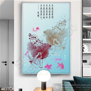 Tranh hoa sen, cá chép thư pháp nghệ thuật