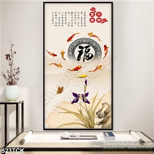 Tranh hoa sen, cá chép quần tụ thư pháp Tranh hoa sen, cá chép quần tụ thư pháp