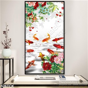 Tranh hoa sen, cá chép quần tụ và mẫu đơn Tranh hoa sen, cá chép quần tụ và mẫu đơn