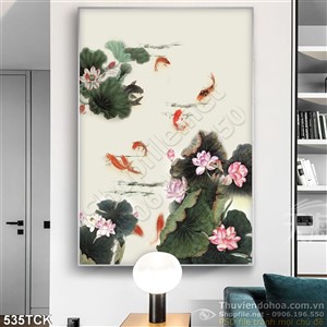 Tranh hoa sen, cá chép thư pháp đẹp Tranh hoa sen, cá chép thư pháp đẹp