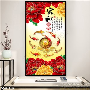 Tranh hoa sen, cá chép quần tụ và mẫu đơn Tranh hoa sen, cá chép quần tụ và mẫu đơn