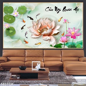 Tranh hoa sen và đàn cá chép bơi quay Tranh hoa sen và đàn cá chép bơi quay
