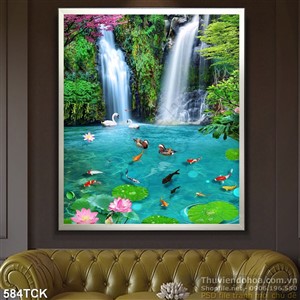 Tranh cá chép bên dưới thác nước file psd Tranh cá chép bên dưới thác nước file psd