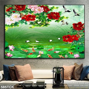 Tranh cá chép và hoa mẫu đơn Tranh cá chép và hoa mẫu đơn