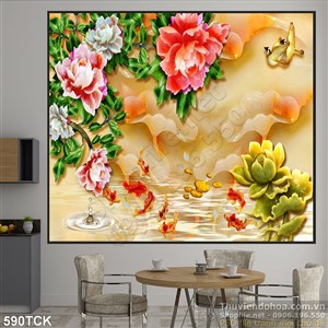Tranh giả ngọc hoa mẫu đơn và cá chép 3d Tranh giả ngọc hoa mẫu đơn và cá chép 3d
