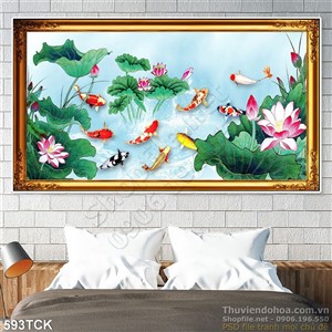 Tranh đầm sen và 9 chú cá chép bơi lội Tranh đầm sen và 9 chú cá chép bơi lội