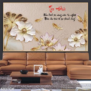 Tranh cá chép và hoa sen mạ vàng in uv Tranh cá chép và hoa sen mạ vàng in uv