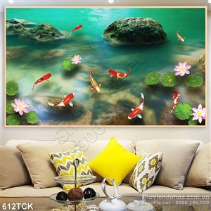 Tranh đàn cá chép bơi trong hồ nước màu xanh biếc Tranh đàn cá chép bơi trong hồ nước màu xanh biếc