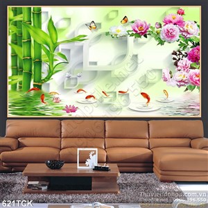 Tranh cá chép 3d và hoa mẫu đơn in uv Tranh cá chép 3d và hoa mẫu đơn in uv