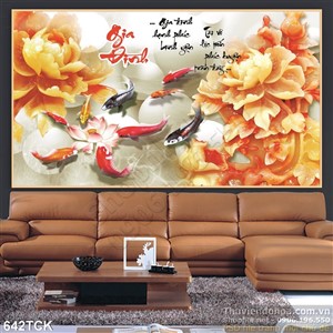 Tranh cá chép gia đình và bông hoa mẫu đơn giả ngọc Tranh cá chép gia đình và bông hoa mẫu đơn giả ngọc