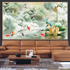 Tranh cá chép và bức họa giả ngọc cảnh ngôi chùa 3d ấn tượng Tranh cá chép và bức họa giả ngọc cảnh ngôi chùa 3d ấn tượng