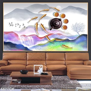 Tranh phong cảnh hữu tình cá chép 3d Tranh phong cảnh hữu tình cá chép 3d