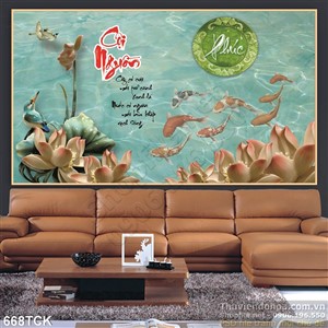 Tranh cá chép cội nguồn 3d hồ nước xanh Tranh cá chép cội nguồn 3d hồ nước xanh