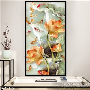 Tranh cá chép và hoa sen giả ngọc khổ dọc in uv file psd Tranh cá chép và hoa sen giả ngọc khổ dọc in uv file psd