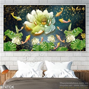 Tranh cá chép quần tự bên đóa hoa 3d Tranh cá chép quần tự bên đóa hoa 3d