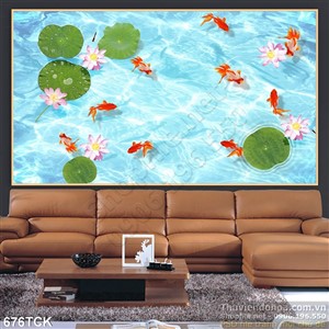 Tranh cá vàng bôi trong ao nước xanh biếc 3d Tranh cá vàng bôi trong ao nước xanh biếc 3d
