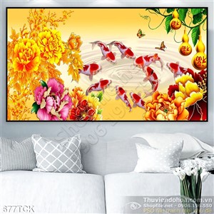 Tranh đàn cá chép bên quả bầu đẹp 3d Tranh đàn cá chép bên quả bầu đẹp 3d