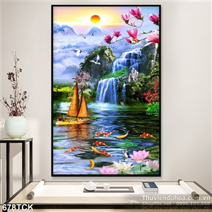 Tranh cá chép khổ dọc và chiếc thuyền nhỏ wall Tranh cá chép khổ dọc và chiếc thuyền nhỏ wall