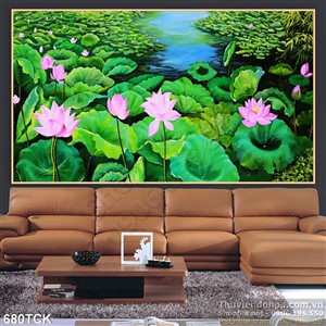 Tranh đầm hoa sen sơn dầu Tranh đầm hoa sen sơn dầu