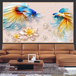 Tranh con cá đá  và bông hoa sen trắng ấn tượng Tranh con cá đá  và bông hoa sen trắng ấn tượng