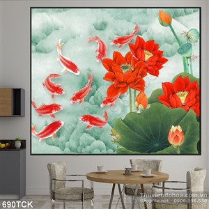 Tranh cá chép đỏ và hoa sen đỏ Tranh cá chép đỏ và hoa sen đỏ