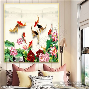 Tranh cá chép hoa sen hoa mẫu đơn đẹp Tranh cá chép hoa sen hoa mẫu đơn đẹp