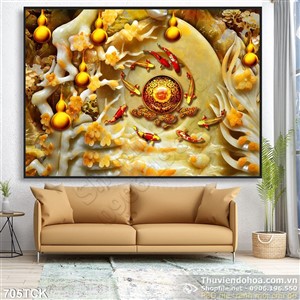 Tranh cá chép bơi quần tụ bên viên ngọc quý uv Tranh cá chép bơi quần tụ bên viên ngọc quý uv