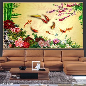 Tranh in uv cá chép và hoa mẫu đơn Tranh in uv cá chép và hoa mẫu đơn