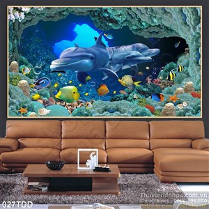 Tranh Đại Dương, cá heo 3D dán tường