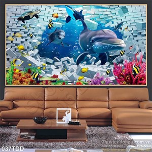 Tranh Đại Dương, cá heo 3D trang trí phòng khách