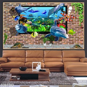 Tranh Đại Dương, cá heo 3D dán tường đẹp