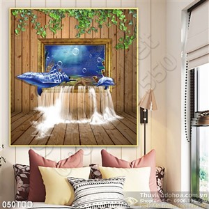 Tranh Đại Dương, cá heo 3D trang trí phòng khách