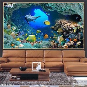 Tranh Đại Dương, cá heo 3D dán tường đẹp