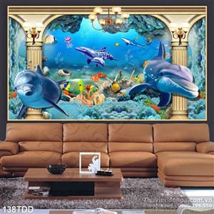 Tranh Đại Dương, cá heo 3D dán tường đẹp