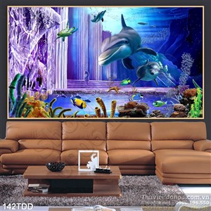 Tranh Đại Dương, cá heo 3D dán tường lung linh