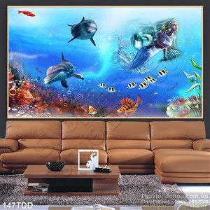 Tranh Đại Dương, cá heo 3D trang trí phòng khách