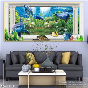Tranh Đại Dương, cá heo 3D dán tường đẹp